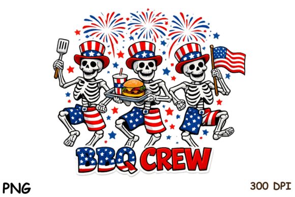 BBQ Crew Skeleton PNG Design: Spooky Patriotic Fun for 4th of July